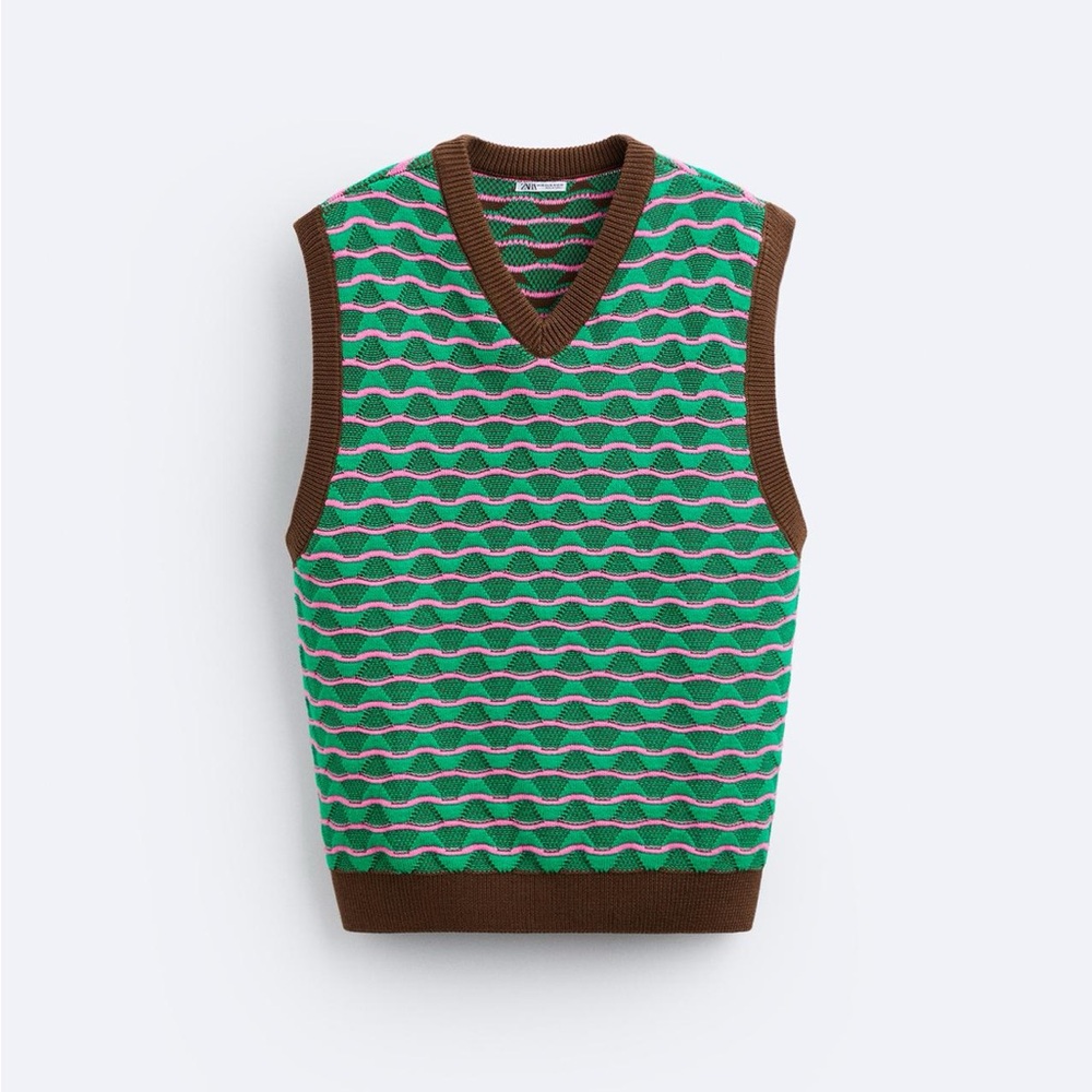 Zara Brown, Green, and Pink Striped V-Neck Sweater Vest